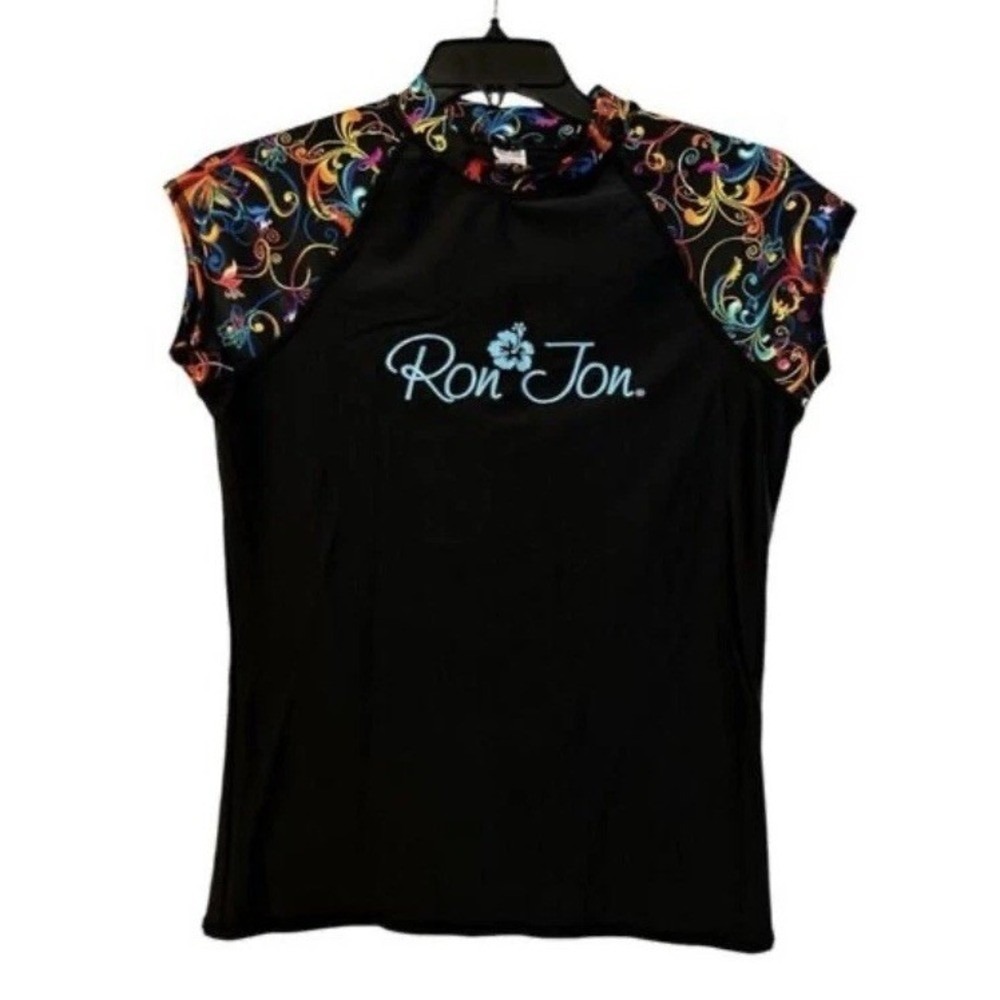 Ron Jon Surf Shop Girls Rash Guard Black Floral Cap Sleeve Swim Top Size 8